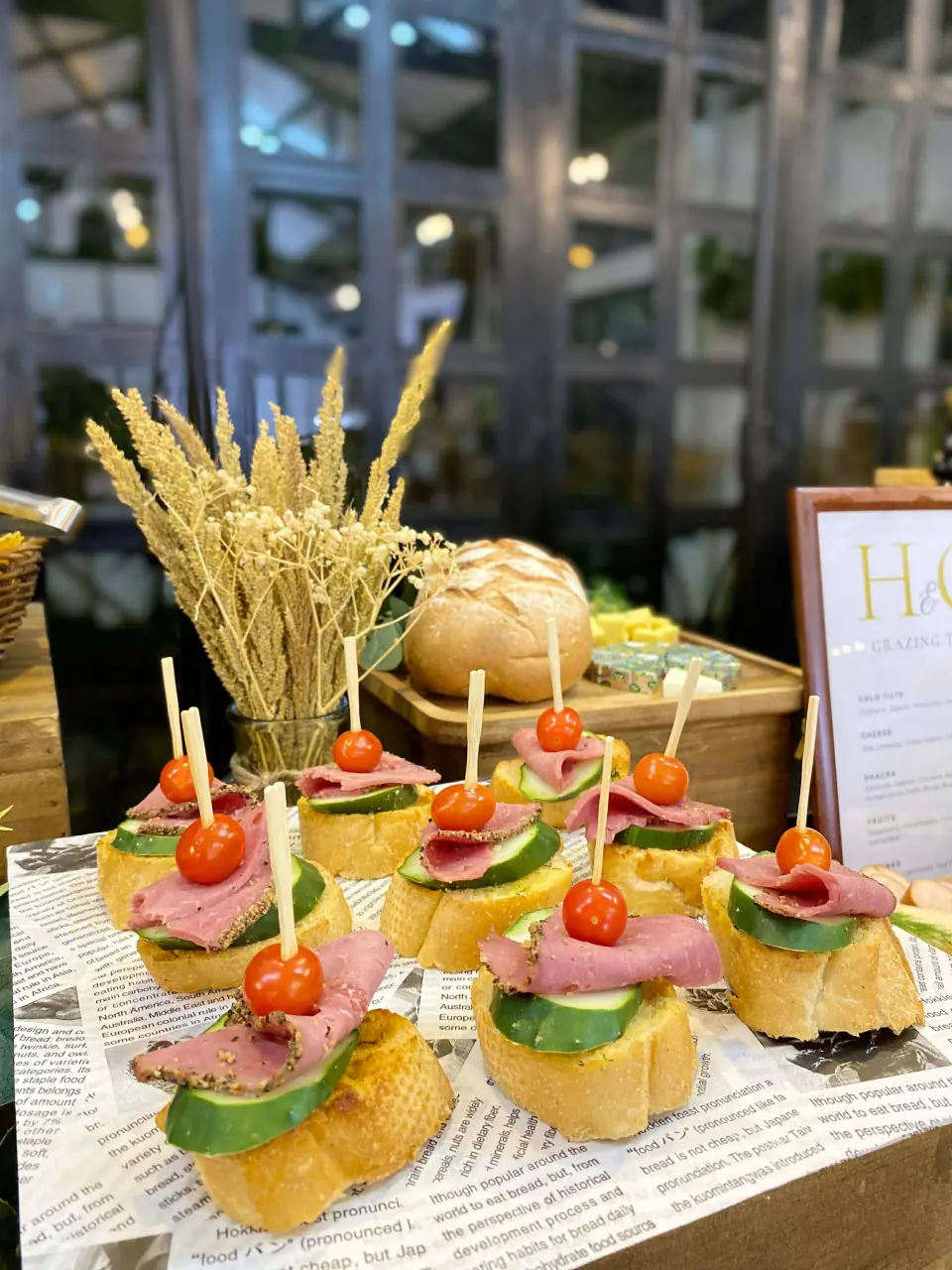 Ham, cucumber, and tomato canapes ready to serve