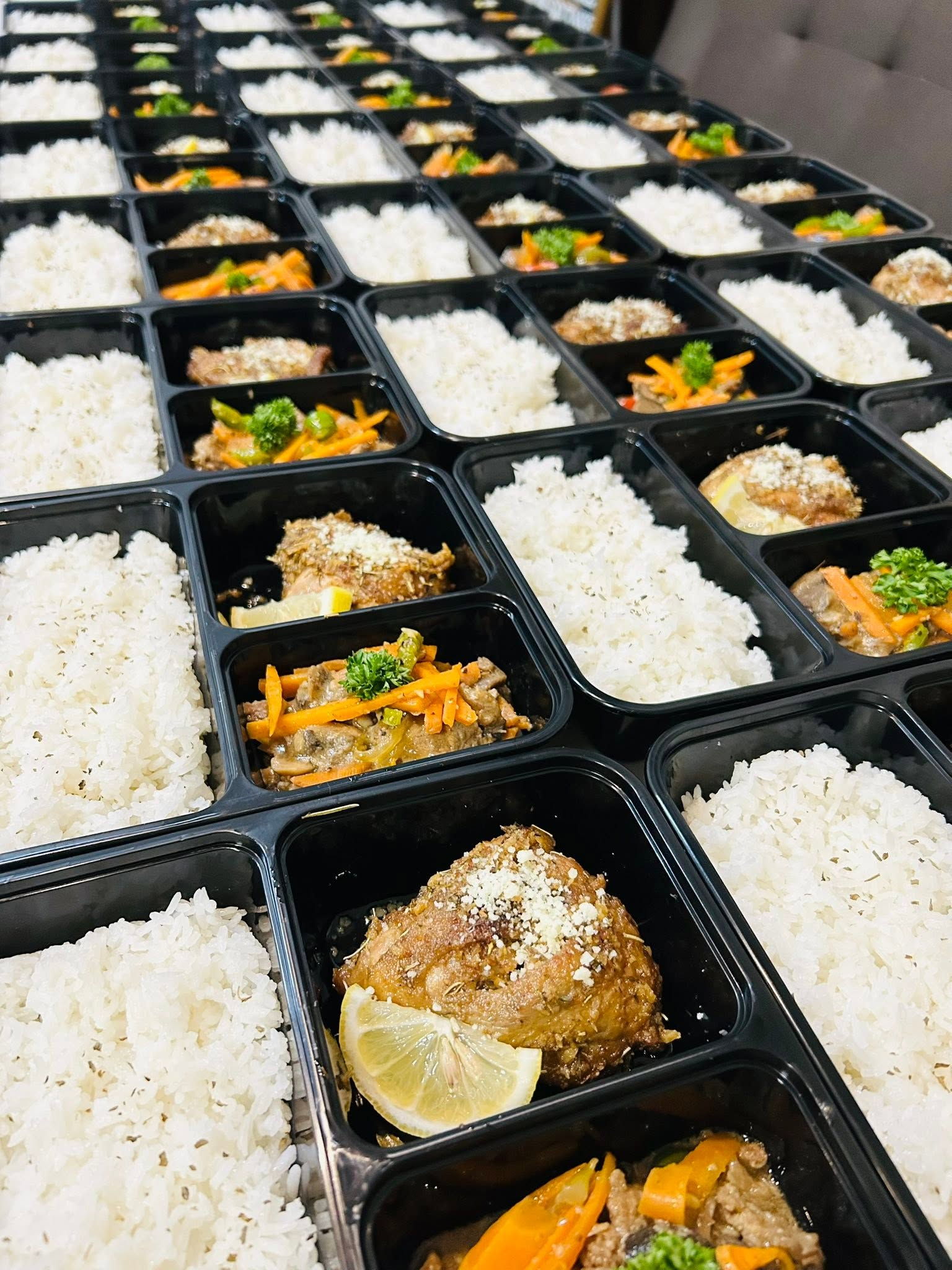 Rows of complete packed meals with rice, meat, and vegetables